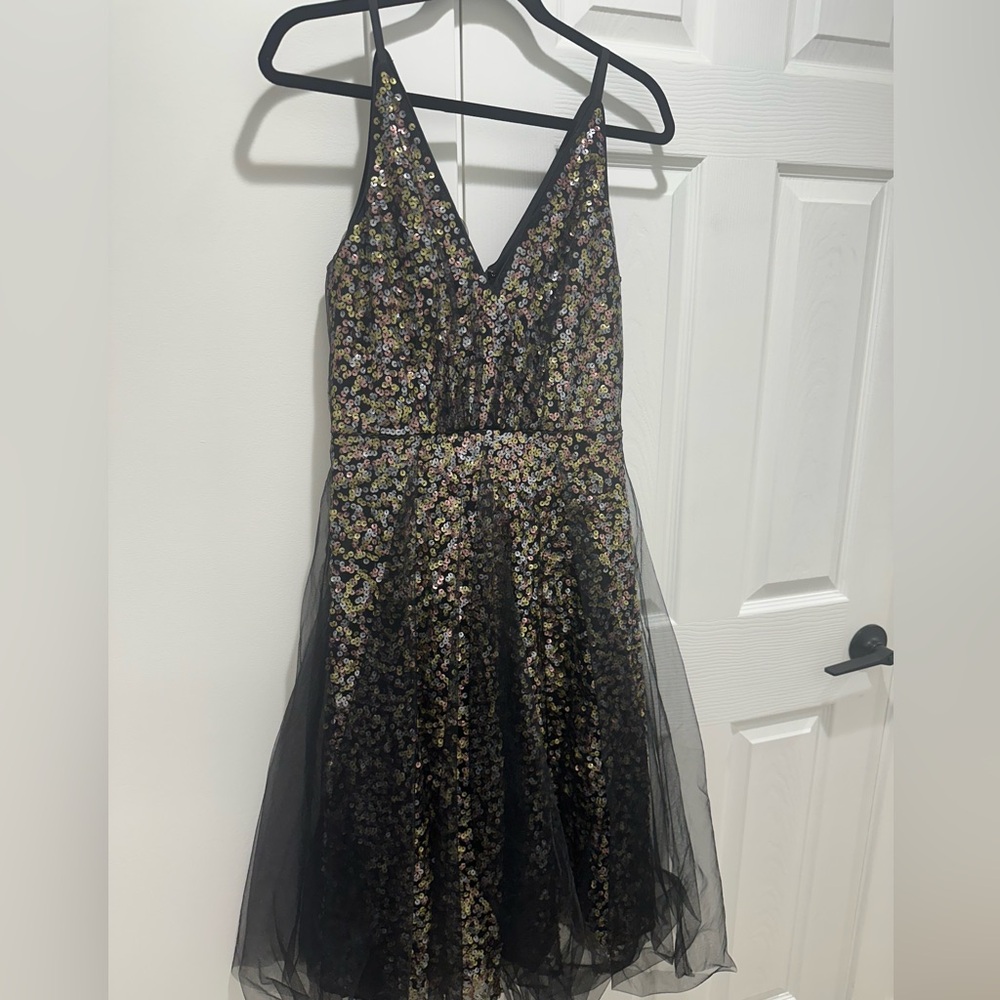 Dress the population knee length tool and sequin dress